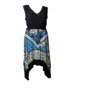 Dressbarn Dress Womens Large Black Blue Sleeveless Handkerchief Hem Boho Floral